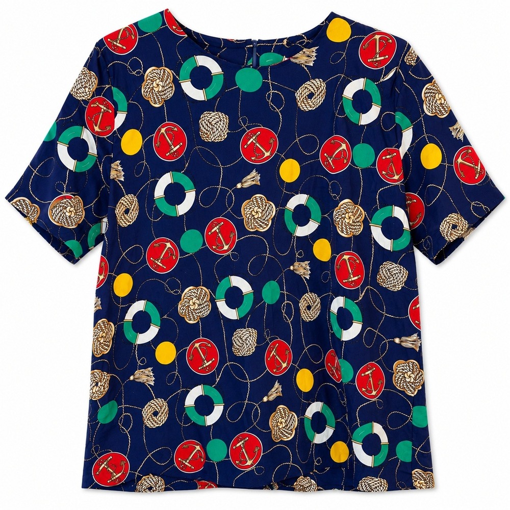 Vtg Nautical 80s Select by Par Elite Blouse Top Navy Anchor Life Ring 12 Baroque